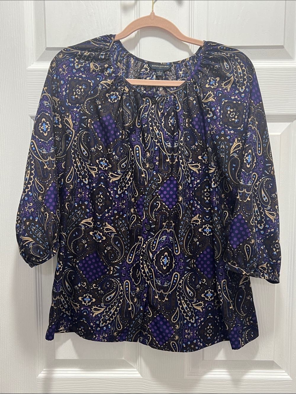 Banana Republic Navy and Purple Paisley Peasant Top